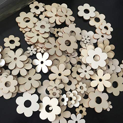 Happyyami 100pcs Flower Wood Cutouts Plum Blossom Wood Shapes Pieces Wood Discs Slices for DIY Craft Wedding Birthday Party Favors Centerpieces Happyyami