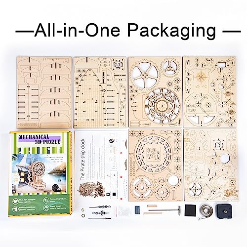 Pirate Ship Clock 3D Wooden Puzzles for Adults, Wooden Models for Adults to Build DIY 3D Puzzle Mechanical Clock Kit, Clock Making Kits Gift for varbertos