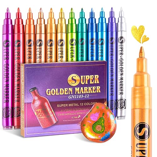 LIGHTWISH Metallic Paint Pens Glitter Markers,Sparkle Ultra Fine Point 0.7mm Acrylic Paint Markers,Super Golden Metallic Markers for Black Paper LIGHTWISH