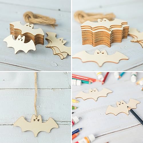 Unfinished Flying Bats Wood Bats Shaped DIY Wood Halloween Blank Wood with Twines Art Unfinished Ornaments for Halloween Christmas Wedding Birthday Zontween