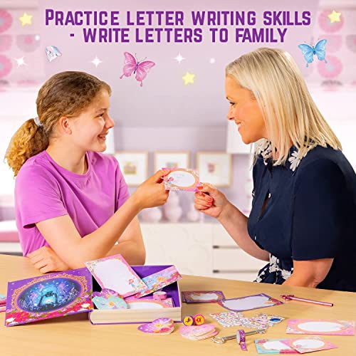 GirlZone Fairytale Writing Set, 45-Piece Fairy Stationery Kit with Paper Sheets, Cards, Stickers and Stampers in a Storybook Box, Magical Gift Idea GirlZone