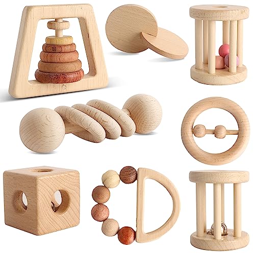 Wooden Baby Toy 8pcs, Montessori Toys for Babies 1-3 Years Old, Wooden Rattles Toy Set for Infant Grasping, Sensory Development, Gift for Baby Boys MLYEY