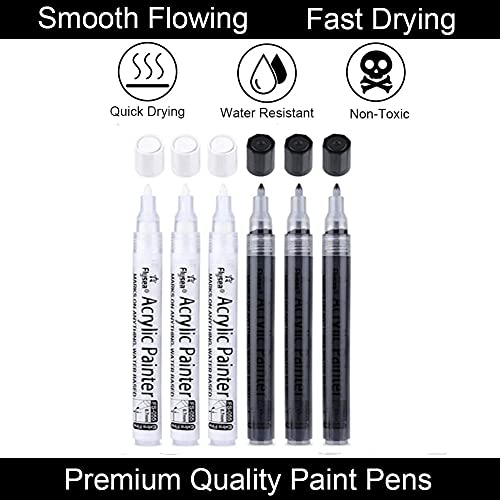 Black Paint Pens, 6 Pack 0.7mm Acrylic Black Permanent Marker ,White Paint Pens for Rock Painting, Stone,Wood, Plastic, Ceramic, Glass, Metal Canvas, EBOT