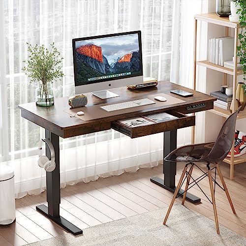 Yoimori Electric Standing Desk with Drawer,48 x 24 Inches Standing Desk Adjustable Height Desk with 12W Wireless Charging,One-Piece Wooden Desktop Yoimori
