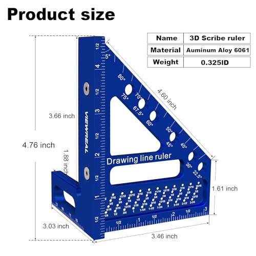 3D Multi-Angle Aluminum Alloy Woodworking Square Ruler, 22.5-90 Degree Protractor, High Precision Miter Triangle Ruler for Engineers, Carpenters, and ViewReal