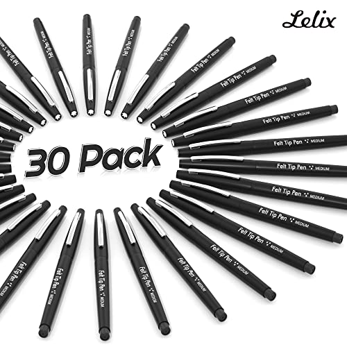 Lelix Felt Tip Pens, 30 Black Pens, 0.7mm Medium Point Felt Pens, Felt Tip Markers Pens for Journaling, Writing, Note Taking, Planner, Perfect for Lelix