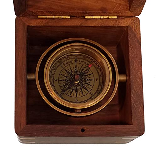 Engraved Compass Personalized in Wood Box | Antique Brass Desk Compass Gifts for Men, Him, Son, Grandson, Teen Boys for Graduation, Baptism, Stanley London