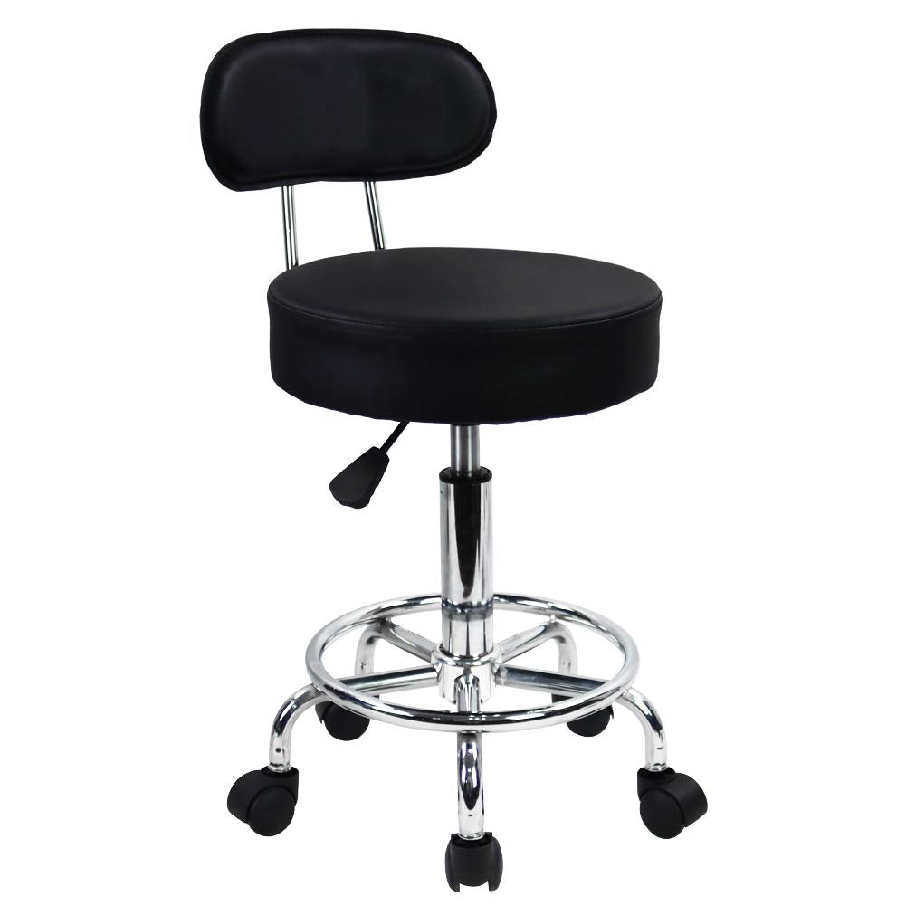 KKTONER PU Leather Rolling Stool Mid-Back with Footrest Height Adjustable Office Computer Home Drafting Swivel Task Chair with Wheels (Black) KKTONER