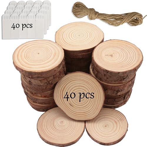 Unfinished Natural Wooden Slices 40Pcs 3.2-4 Inch Wood Circles for Crafts DIY Christmas Ornament Craft Wood Kit with Picture Hanging Strips,Blank KXEXK