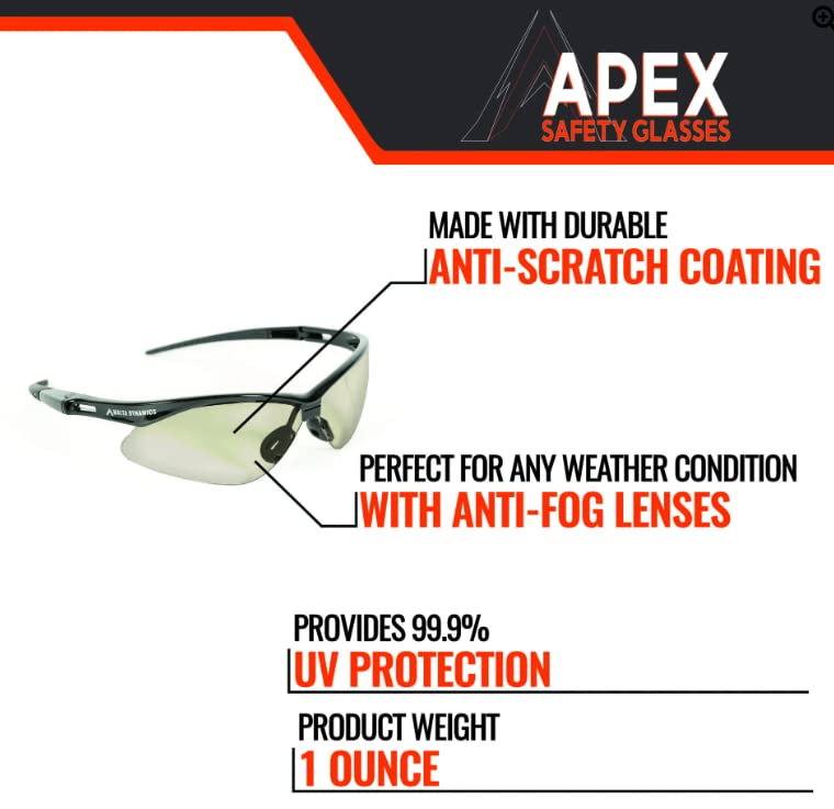 Malta Dynamics APEX Safety Glasses, ANSI/ISEA Z87.1, 12 Pair, Indoor/Outdoor Style Malta Dynamics