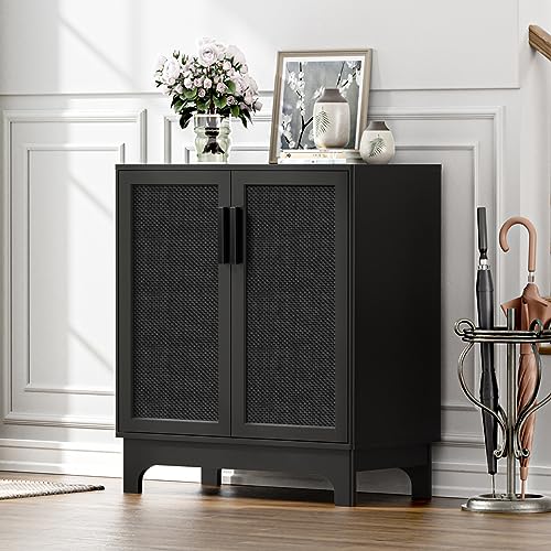 Anmytek Black Rattan Cabinet, Natural Rattan Storage Cabinet with 2 Doors Adjustable Shelf Large Space Entryway Hallway Cabinet Sideboard Buffet for Anmytek