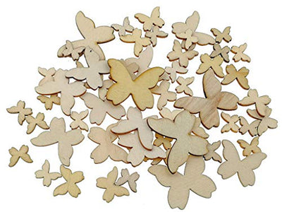 Kinteshun Natural Wood Unfinished Cutout Veneers Slices for Patchwork DIY Crafting Decoration(100pcs,Mixed Sizes,Butterfly Shape)