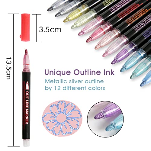 Upanic Super Squiggles Outline Markers-12 Colors Super Squiggles Shimmer Markers,Outline Markers Double Line Pen,Outline Markers Self-Outline Upanic