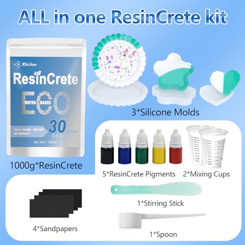 JDiction ResinCrete Kit, All-in-One Kit Easy for Beginners, 20-30Minutes Demold, Include Water-Based Eco-Friendly Casting Powder, Mold & Pigment, JDiction