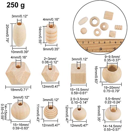 PandaHall 250~300pcs Assorted Natural Wooden Bead, Round/Cube/Polygon/Rondelle/Oval/Column Spacer Beads Unfinished Wood Loose Beads for Bracelet PH PandaHall