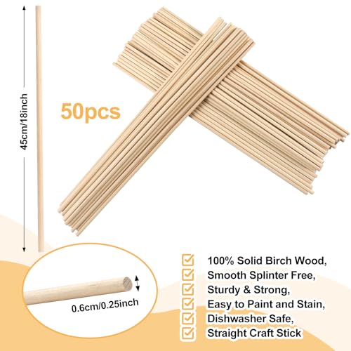 ONUPGO 50 PCS Dowel Rods Wood Sticks Wooden Dowel Rods 1/4 X 18 Inch Wooden Dowels for Crafts Unfinished Round Wood Sticks for Arts and DIYers Cake ONUPGO
