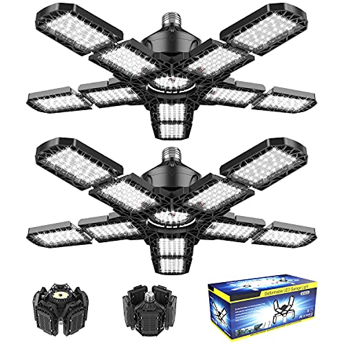 2-Pack Led Garage Light 180W, 18000LM LED Ceiling Lighting with E26/E27 Medium Base, 6000K Deformable LED Shop Light with 10+1 Adjustable Panels for Nexillumi
