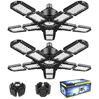 2-Pack Led Garage Light 180W, 18000LM LED Ceiling Lighting with E26/E27 Medium Base, 6000K Deformable LED Shop Light with 10+1 Adjustable Panels for
