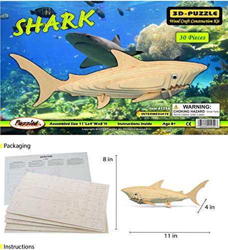 Puzzled 3D Puzzle Shark Wood Craft Construction Model Kit, Fun Unique and Educational DIY Wooden Toy Assemble Model Unfinished Crafting Hobby Puzzle, Puzzled