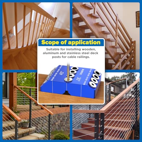 BLEKOO Blue Angled Drill Guide Jig with 4 Bits for Wood Posts & Cable Railing Lag Screw Kit, Durable All Metal Drill Jig for Drilling 30°, 45°, 90° blekoo