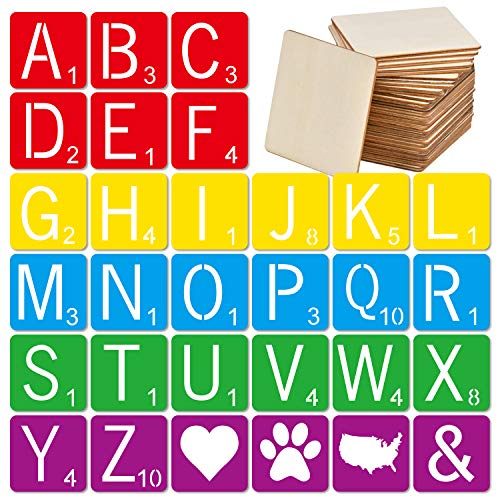30 Pieces 5 Inch Scrabble Style Tile Stencil Letters with 50 Pieces Unfinished Square Wood 5 Inch for Home Decor & DIY Projects, Family Names CZONG