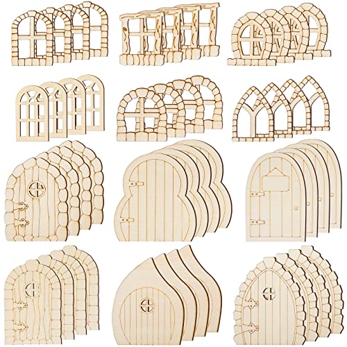 Yulejo 48 Pcs Fairy Door Wooden Garden Doors Craft Mini Window Fairy House DIY Kit Unfinished Miniature Door Unpainted Fairy Window Accessories for Yulejo