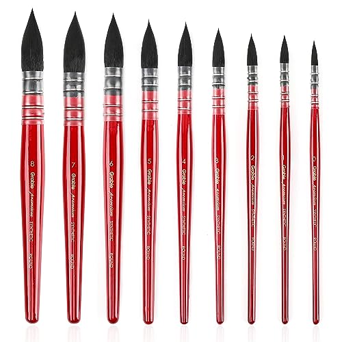 Grabie Professional Watercolor Paint Brushes, Mop Paintbrushes, 9 Pcs, Synthetic Squirrel Hair, Art Supplies for Painting, Great Watercolor Set for Grabie
