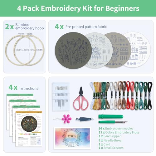 ETSPIL 4 Sets Embroidery Kit for Beginners ,Plant Kits for Adults Learn 33 Different Stitches,Includes Stamped Pattern, Easy to Follow Instruction & ETSPIL