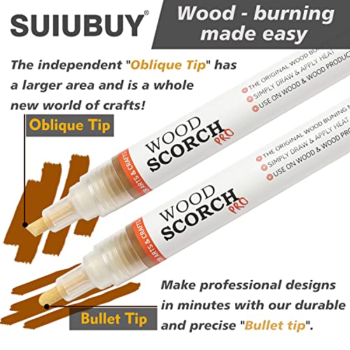SUIUBUY Wood Burning Pen Tool - 2 PCS Scorch Pen Marker for Crafting & Stencil Wood Burning, Chemical Wood Burner Set with Oblique Tip and Bullet SUIUBUY