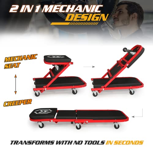 Magshion 40" Triplex Folding Creeper and Rolling Seat 2-in-1 330 lbs Capacity Foldable Mechanic Creeper Garage Stool Lay Down or Sit (Red) Magshion