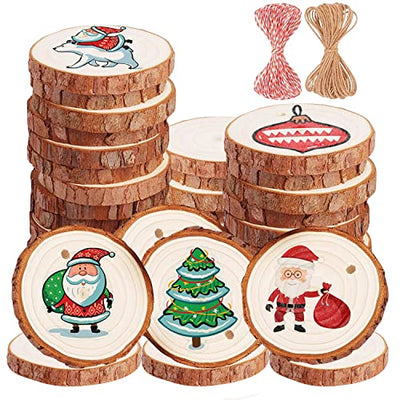 Natural Wood Slices 32 Pcs 2.4-2.8 Inches Unfinished Predrilled Blank Craft Wood Kit with Pre-drilled Hole Wooden Circles for Crafts Christmas