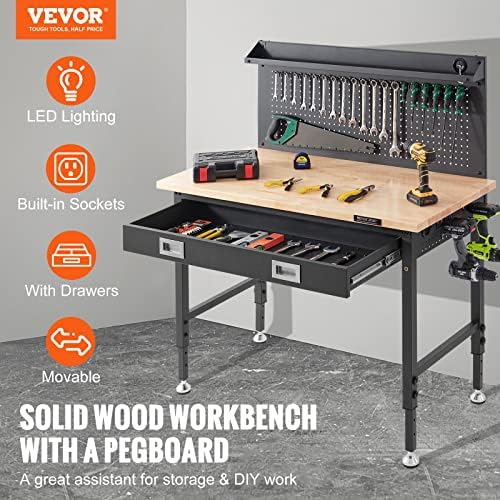 VEVOR Workbench Adjustable Height 28-39.5" Work Bench for Garage Oak Plank & Carbon Steel Heavy Duty Workbench 2000lbs Weight Capacity Bench top Size VEVOR
