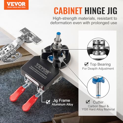 VEVOR 35 mm Concealed Door Hinge Jig, Aluminum Alloy Cabinet Hinge Jig, Accurate Locking Dual Clamp Fixation Hinge Drill Jig with Accessories, VEVOR