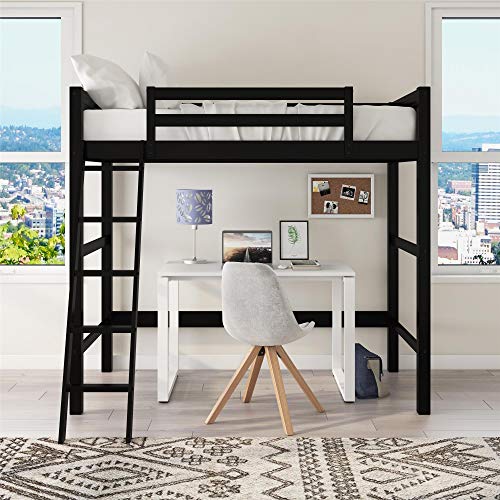 DHP Moon Bay Black Wooden Loft Bed for Kids - Twin Size with Ladder and Guardrails DHP