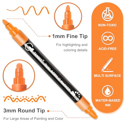 Acrylic Paint Pens Markers, 24 Colors Dual Tip Acrylic Paint Pens for Rock Painting, Wood, Canvas, Stone, Glass, Ceramic Surfaces, DIY Crafts Making TANMIT