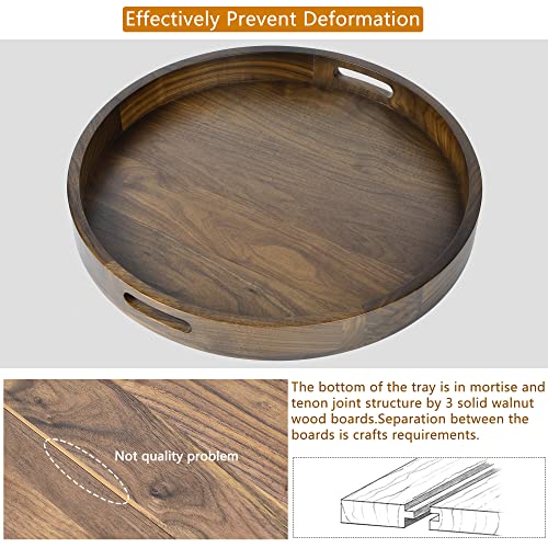 KINGCRAFT 26 x 26 inches Extra Large Round Ottoman Table Tray Wooden Solid Serving Tray with Handle Black Walnut Circle Platter Decorative Tray for Kingcraft