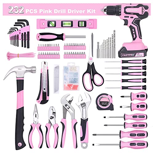 FASTPRO 232-Piece 20V Pink Cordless Lithium-ion Drill Driver and Home Tool Set, Lady's Repairing Kit with 12-Inch Wide Mouth Open Storage Bag FASTPRO