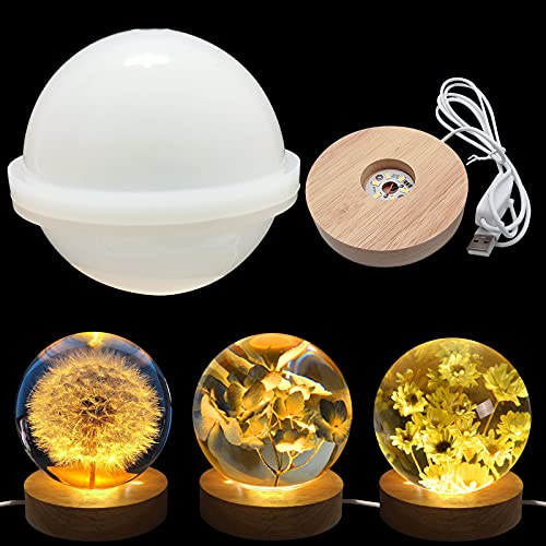 Voaesdk 4 inch Large Sphere Round Light Resin Mold,LED Silicone Resin Mold with 1Pcs USB Powered Wooden Lighted Base Stand for DIY Table Crafts Party Voaesdk
