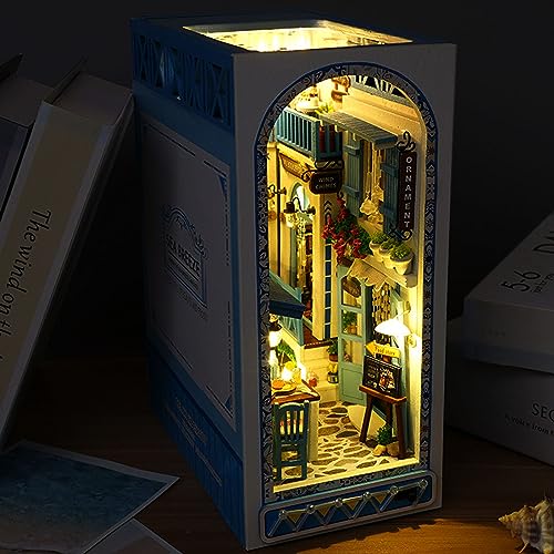 3D Wooden Book Stand Puzzle,DIY Book Nook Kits,Dollhouse Wood Bookends Book Nook Model Building Kit with LED to Build-Creativity Gift for tomyoung