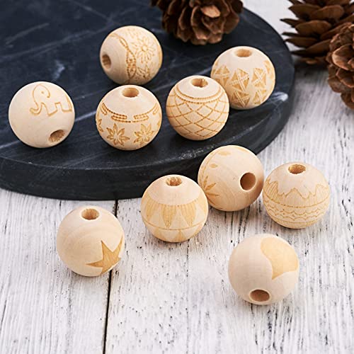 Craftdady 100pcs Unfinished Natural Wooden Beads 16mm Large Hole Rondelle Round Wooden Loose Beads with Engraved Christmas Pattern for DIY Jewelry Craftdady
