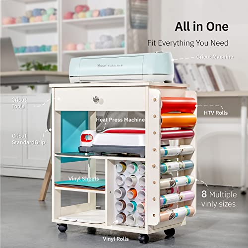 Crafit Organization and Storage Cart Compatible with Cricut Machine, Rolling Craft Organizer with Vinyl Roll Holder, Crafting Cabinet Table Crafit