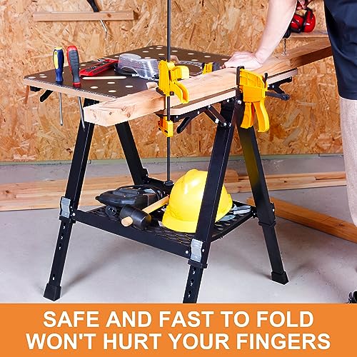 WORKESS Portable Workbench & Sawhorse, 1000Lbs Capacity Heavy Duty Folding Work Table, 23.6"-36" Adjustable Height with 2 Quick Clamps, 4 Bench Dogs, WORKESS