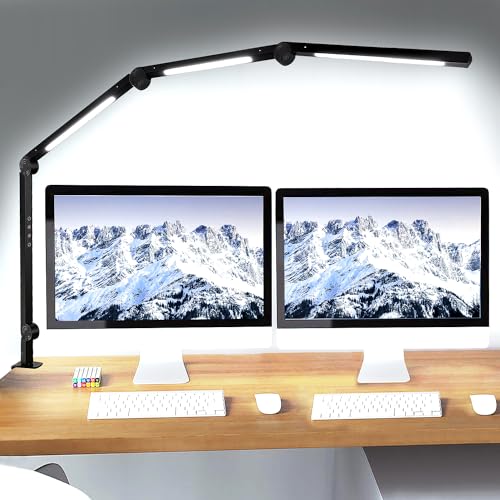 vimeepro LED Desk Lamp with Clamp Flexible 4 sections Swing Arm Three light  sources desk light, 4 Color Modes & 5 Brightness, Eye Caring Led table  light with Memory Function for table