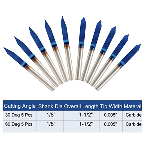 V Groove Router Bits 1/8" Shank CNC Wood Carving Bits 10pcs 30°& 60°Engraving Bits Nano Blue Coat Solid Carbide CNC Router Bits for 2D&3D Sculpture YOKISHUN