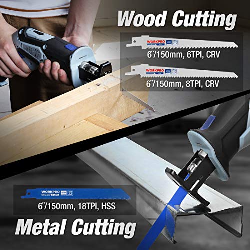 WORKPRO 12V Cordless Reciprocating Saw with Clamping Jaw, 2.0Ah Li-Ion Battery with 1 Hour Fast Charger, Variable Speed and Tool-Free Blade Change, 3 WORKPRO