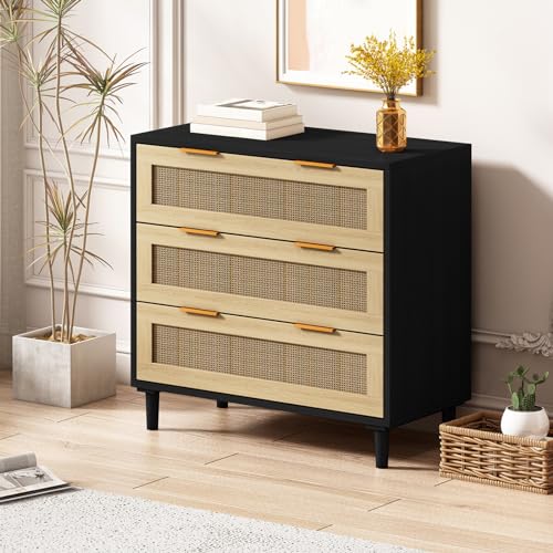 Fulvari 3 Drawer Rattan Dresser for Bedroom,Wood Storage Chest of Drawers,Rattan Storage Cabinet, Wide Closet Dresser Storage Organizer for Bedroom Fulvari