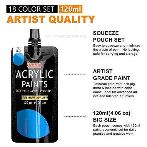 Shuttle Art Acrylic Painting Bundle, Set for 18 Colors Acrylic Paint Pouch (120ml/4oz) + 52 Multi Pack Painting Canvas Panels Shuttle Art
