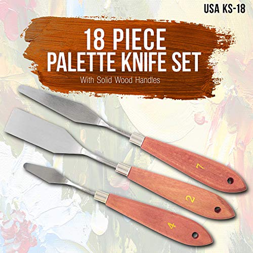 U.S. Art Supply 18-Piece Artist Stainless Steel Palette Knife Set - Wood Hande Flexible Spatula Painting Knives for Color Mixing Spreading, Applying US Art Supply
