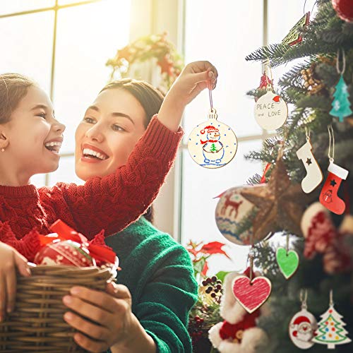 TONAK Unfinished Wood Pieces Wooden Ornaments Christmas Crafts Supplies for Kids Predrilled Blank Hearts Tree Round Wood Slices to Paint DIY TONAK