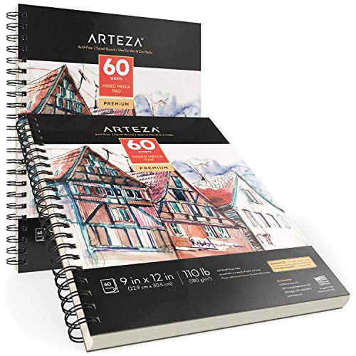 ARTEZA Mixed Media Sketchbooks, Pack of 2, 9 x 12 Inches, 60-Sheet Drawing Pads, 110lb/180gsm Acid-Free Paper, Micro-Perforated, Spiral-Bound, Art ARTEZA